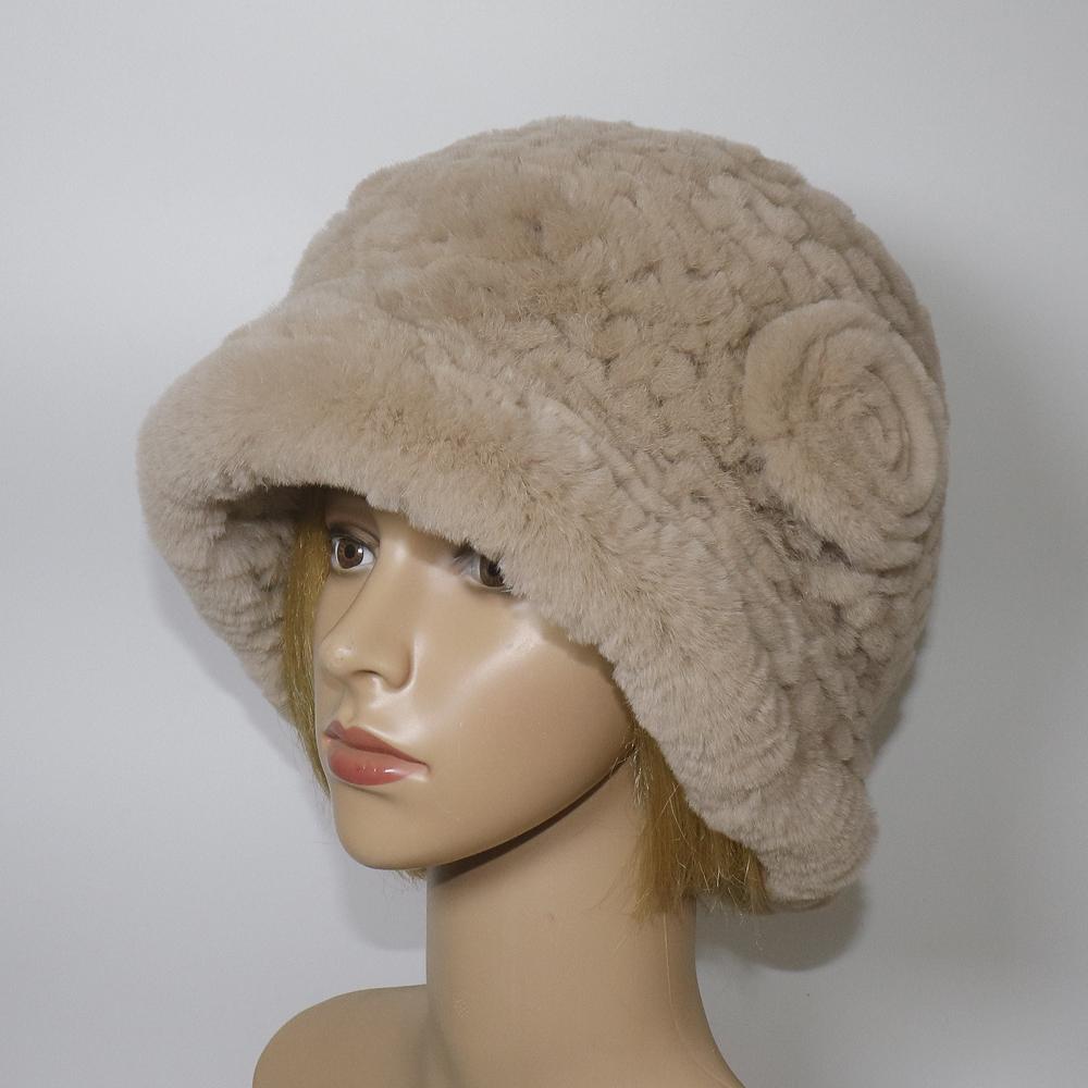 Winter Women Outdoor Knitted Real Rex Rabbit Fur Hat Natural Warm Fur Bucket Hats Girls Fashion Fluffy Real Rex Rabbit Fur Caps