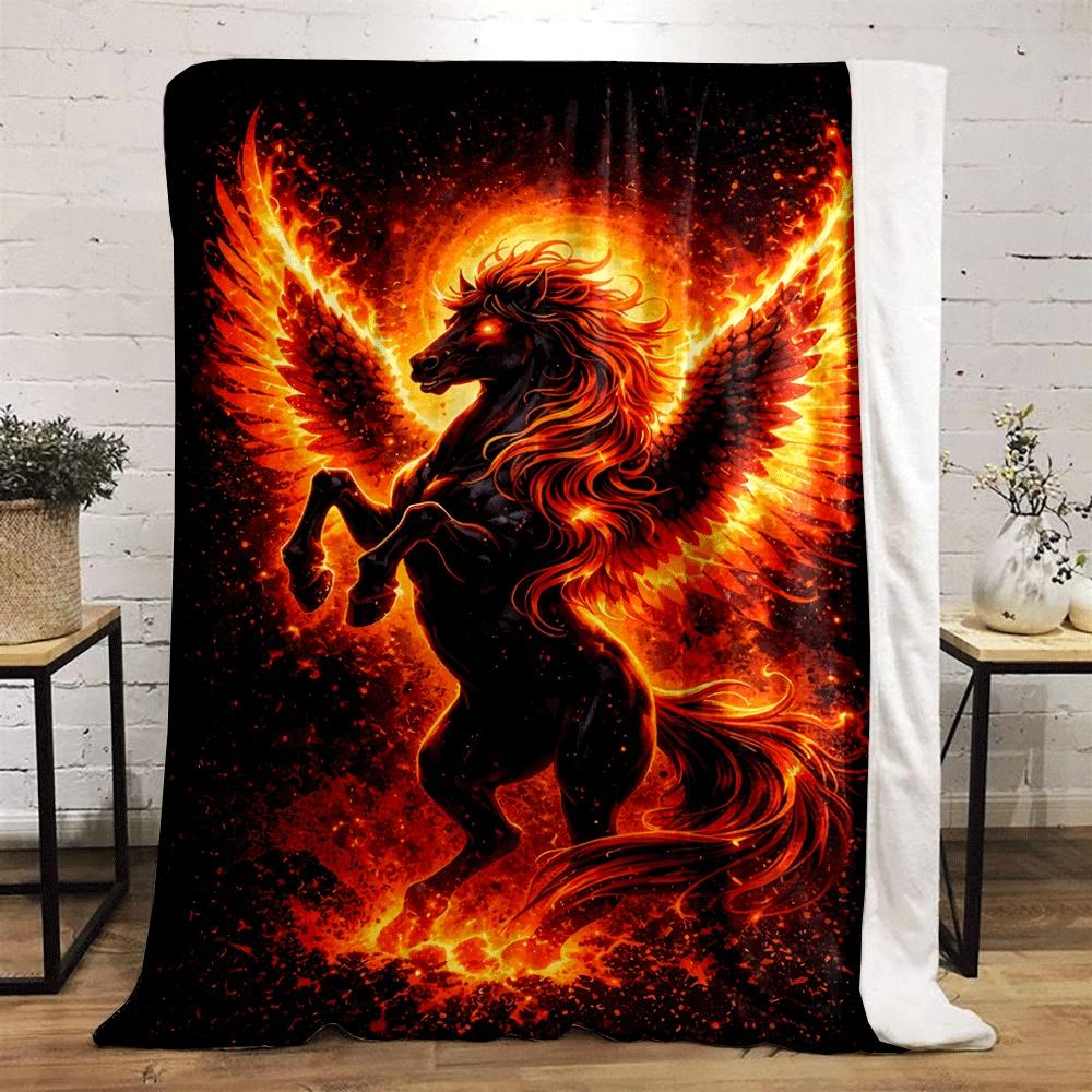 A fiery black-winged horse surrounded by flames and glowing embers. for all seasons blanket lunch break throw gift