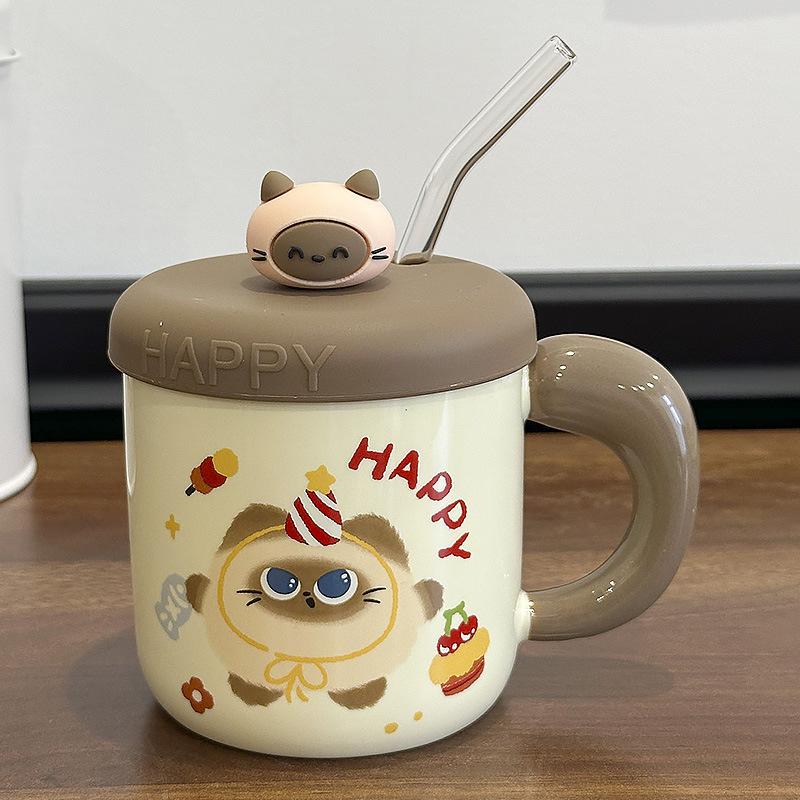 Cute Siamese Cat Ceramic Cup with Lid Girls Good-looking Drinking Water Cup Couple Ceramic Coffee Cup Birthday Gift