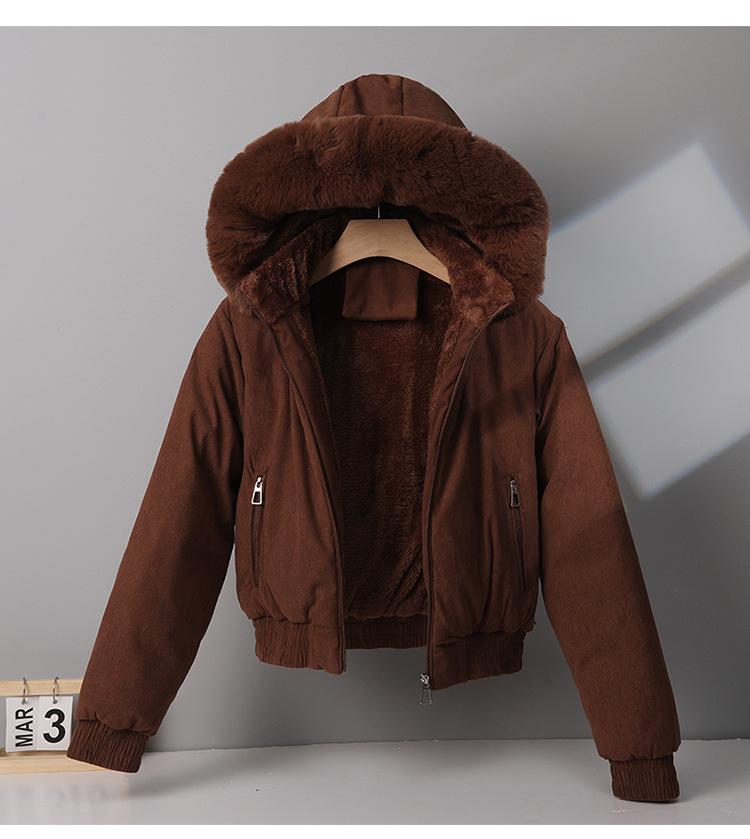 Women's Fleece-lined Cotton-padded Coat with Big Fur Collar Short Thickened Hooded Jacket