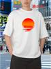 Unisex White Tee Retro Sunset Gradient Reflection Print Crew Neck Short Sleeve Summer Japanese Casual Male Daily Urban Street Top