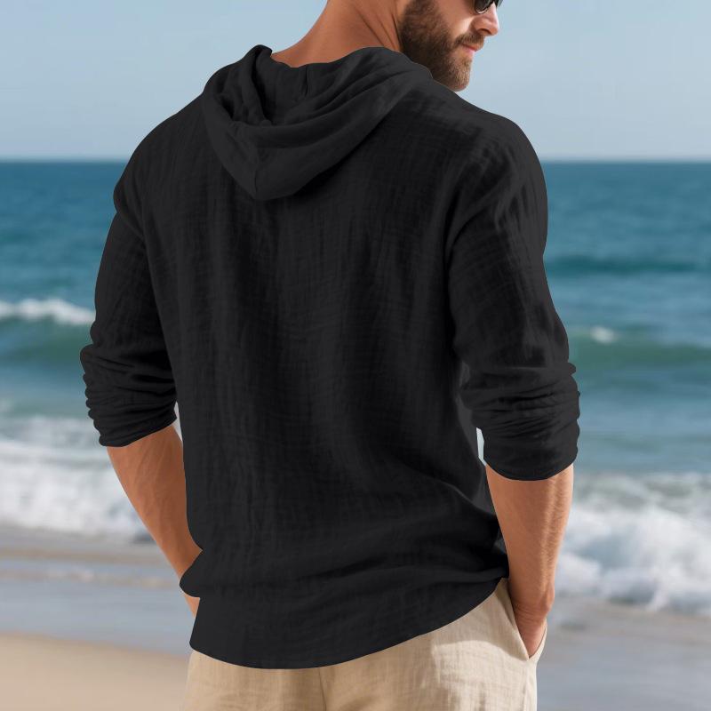 Men Casual Loose Long Sleeve Hooded Linen Blend Henley T Shirt