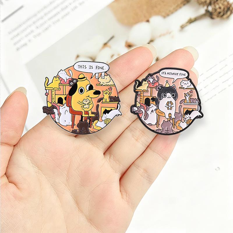 Xiaomi It's Actually Fine Enamel Pins THIS IS FINE Humor Chaos Cat And Dog Animal Brooch Backpack Lapel Hat Badge Fashion Jewelry Gifts