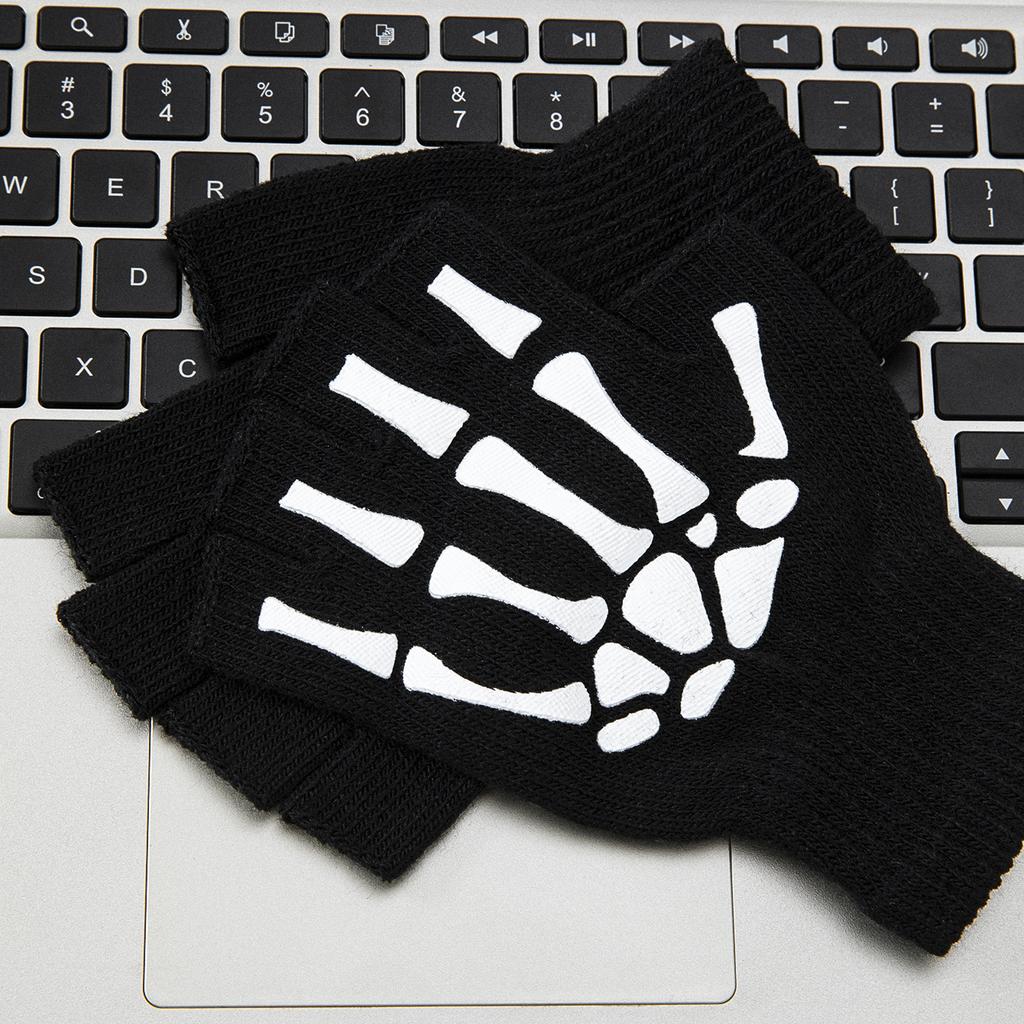 Boys' Halloween decorative warm gloves Fall and Winter split fingers open-fingered knit gloves Fashion skull hand pattern gloves