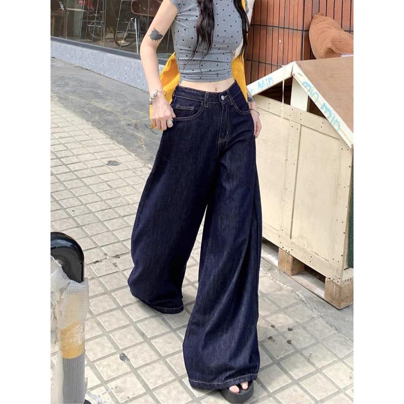Women's High-Waisted Dark Blue Wide-Leg Jeans, Spring 2025 - Slimming, Hot Girl Style, Loose Straight-Leg Floor-Length Design