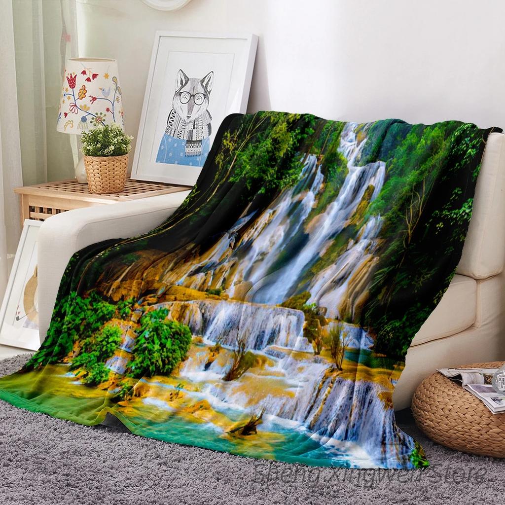 Forest Fog Blanket Plush Warm Soft Cozy Flannel Throw Blanket Forest Warm Light Vintage Plants Forest Stream for Bed Sofa Decor