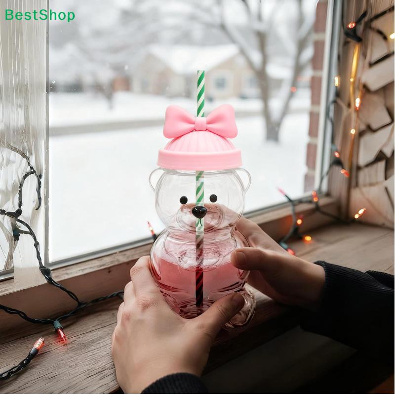 Cute Bear Shaped Plastic Water Bottle | Reusable Drinking Cup with Straw & Lid for Kids & Daily Use