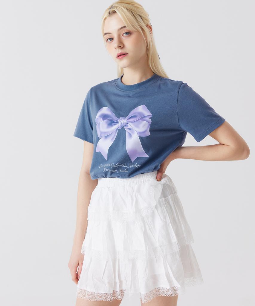 AWESOME STUDIO Ribbon Digital Print Short Sleeve T-Shirt Indigo Blue
