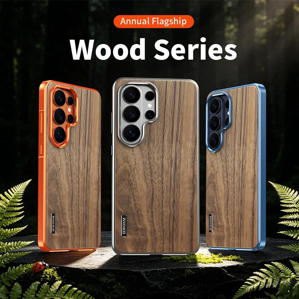 Luxury Alloy Solid Wood Back Panel Hybrid Phone Case For Samsung Galaxy S26 S25 S24 Ultra Aluminum Alloy For Magsafe Wireless Charging Cover