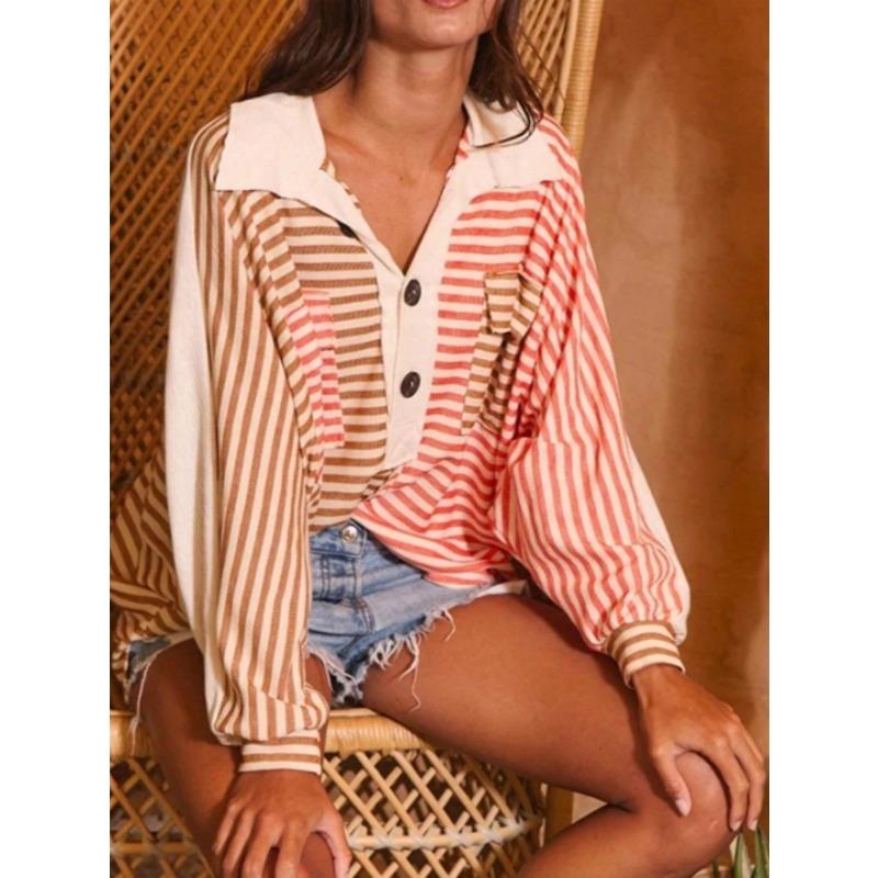 DAFIFY Women's Fashion Casual Spring Autumn Stripe Print Long Sleeve POLO Neck Blouses & Shirts