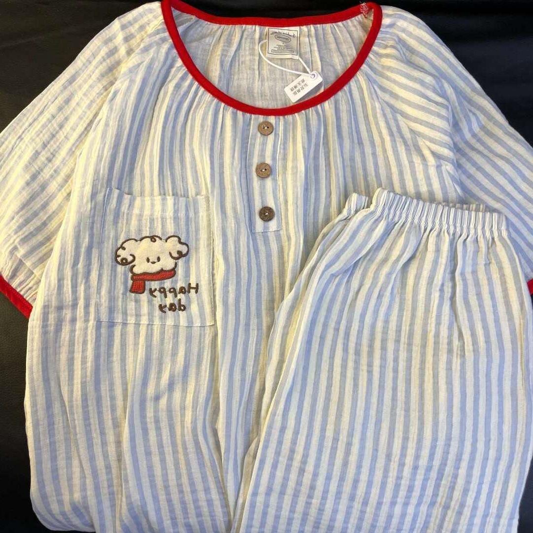 

Simple round neck striped puppy pajamas summer women s new short-sleeved shorts summer Korean version loungewear set s [recommended 35-40kg ]