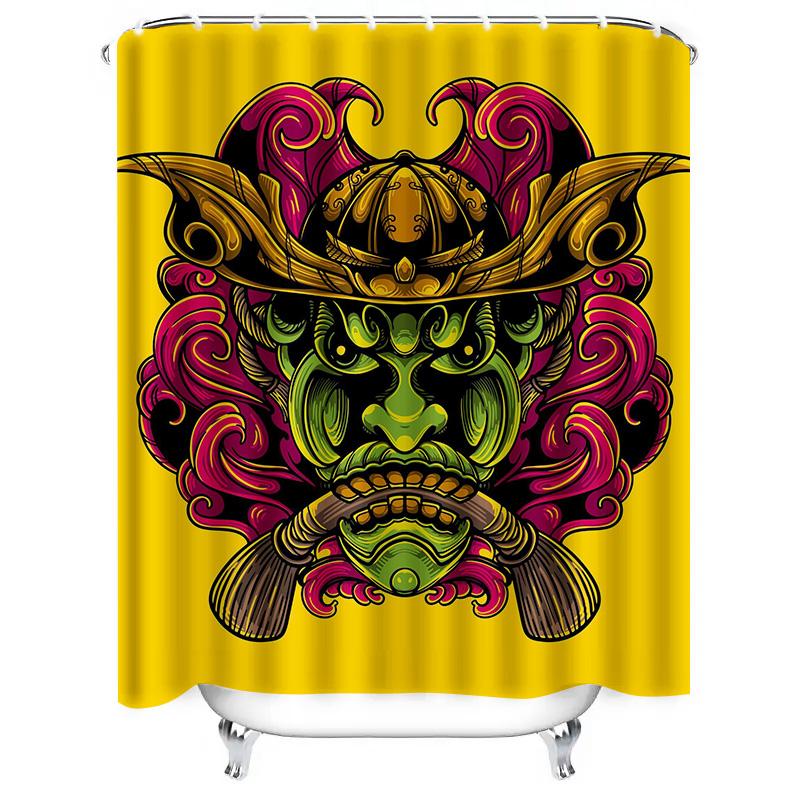 Tuniu Samurai Warrior Japanese Mask Shower Curtain Room Decor Wall Hanging Art Print Red Pink Decorative Curtain