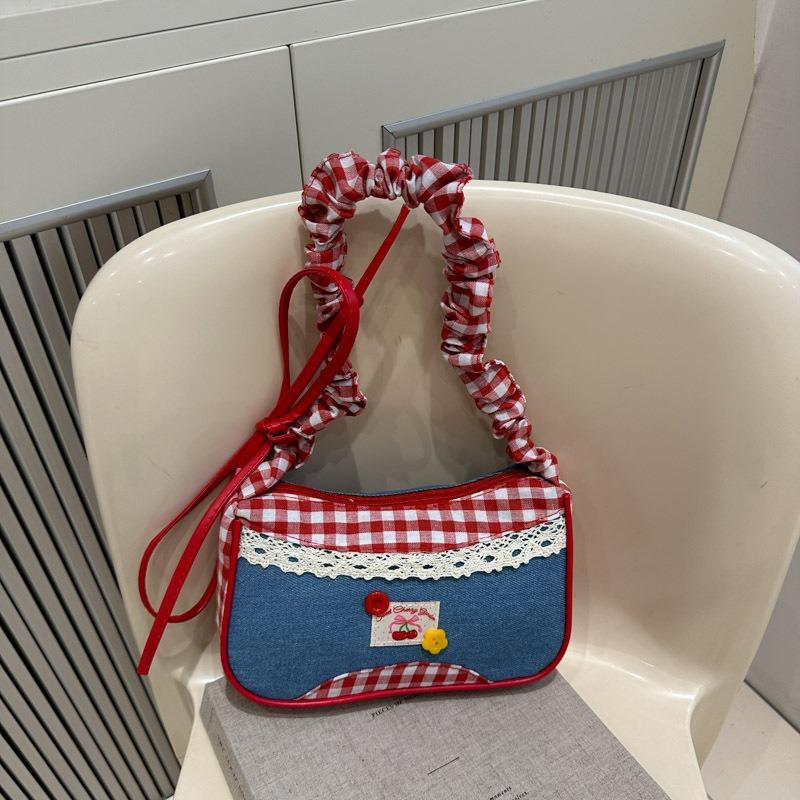 Red Plaid Bag Women's New Trendy Fashion College Style Handbag Fresh and Cute Lace Shoulder Messenger Bag