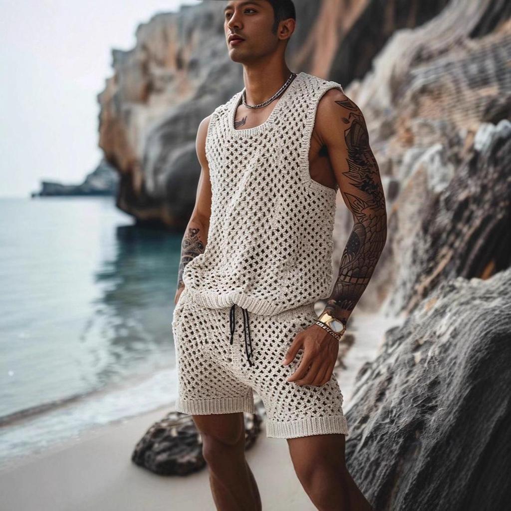 European Summer 2026 Casual Knitwear Two-Piece Set: Breathable, Trendy Hollow-Out Shorts & Versatile Top
