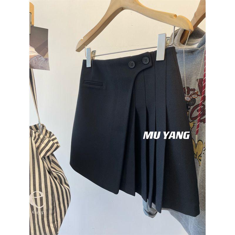 

Muyang Full-Service Product Slim Looking Ceiling Double Buckle Unilateral Pleated Thick Suit Culottes A- line Skirt Black M