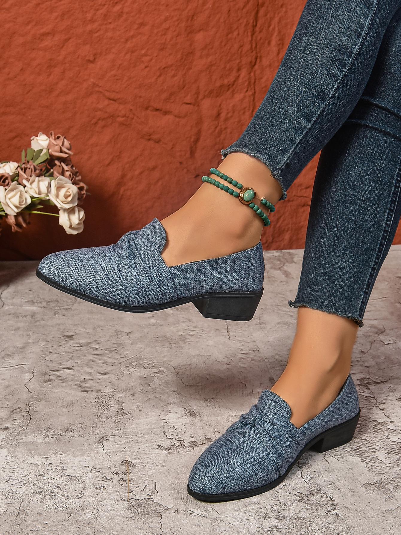 

Женские туфли-лодочки на толстом каблуке с острым носком, осенняя новинка, простые туфли с бантом, тканевая поверхность, женская обувь больших размеров 43 серо голубой