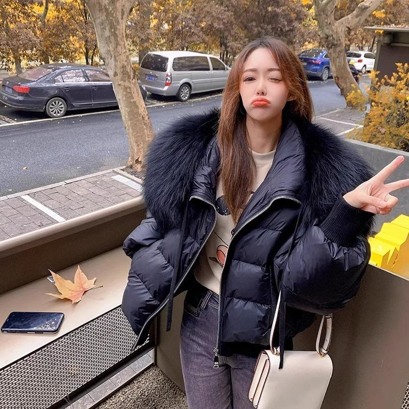 Solid Color Loose Jacket, Down Jacket, Cotton-padded Jacket, Women's Autumn and Winter Design, Big Fur Collar, Short Bread Jacket