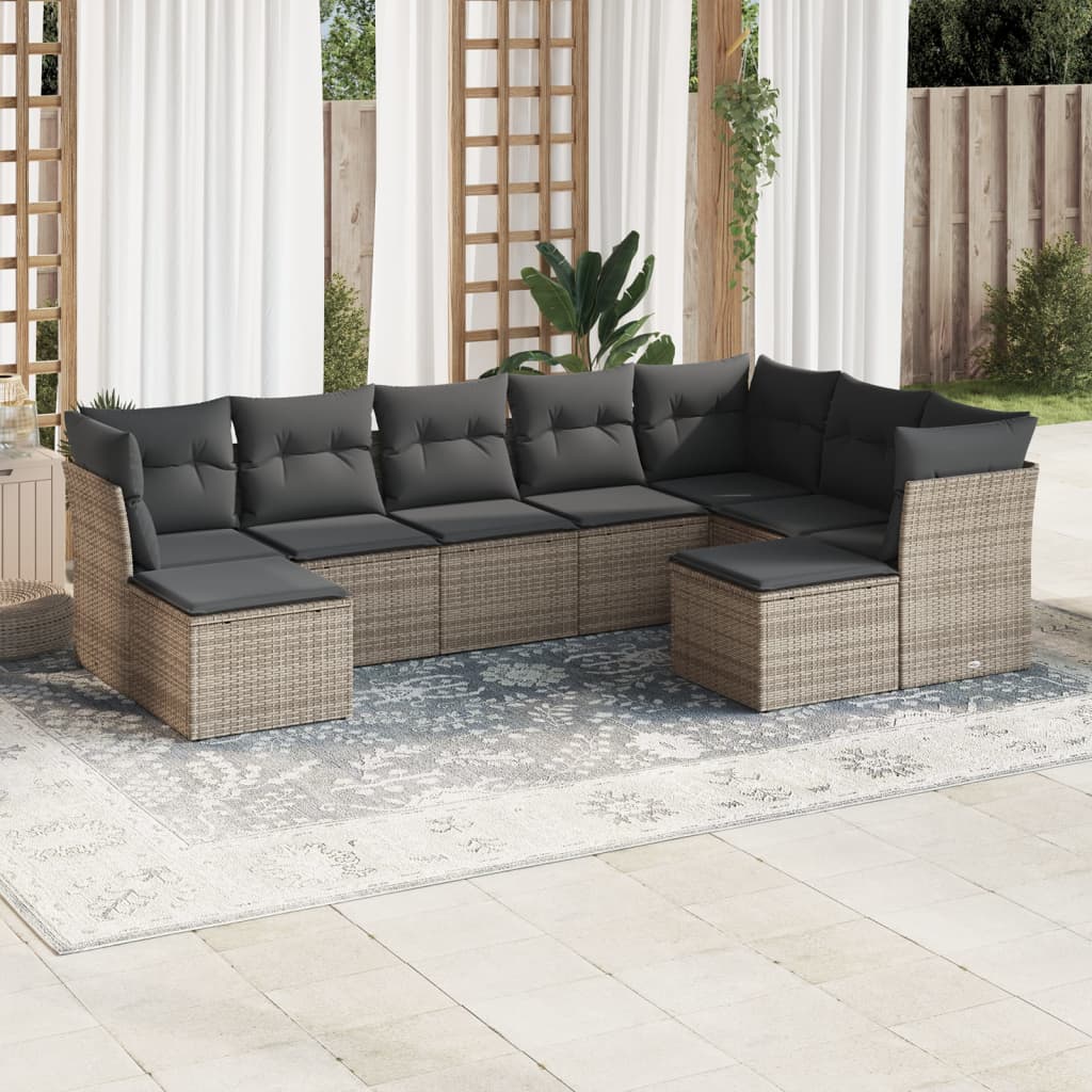 Vidaxl 9-Cz. Garden Furniture Set With Cushions, Grey, Poly Rattan