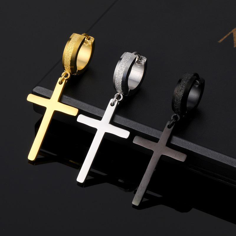 Boucles d'oreilles créoles punk en acier inoxydable givré design femmes hommes percées croix oreille zircon accessoires fête boucles d'oreilles pendantes