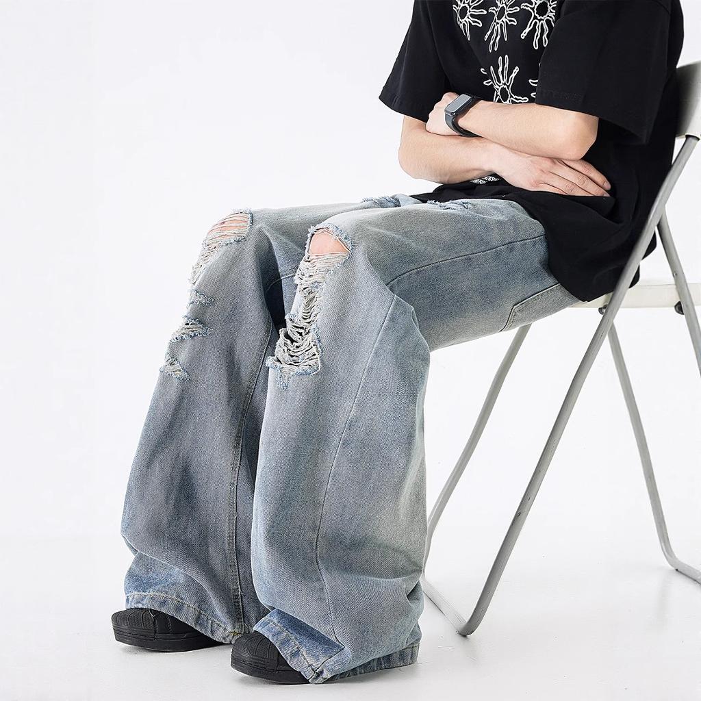 American High Street Ripped Jeans Men's Summer Blue Retro Loose Wide-leg Trousers Trendy Brand Washed Straight Pants