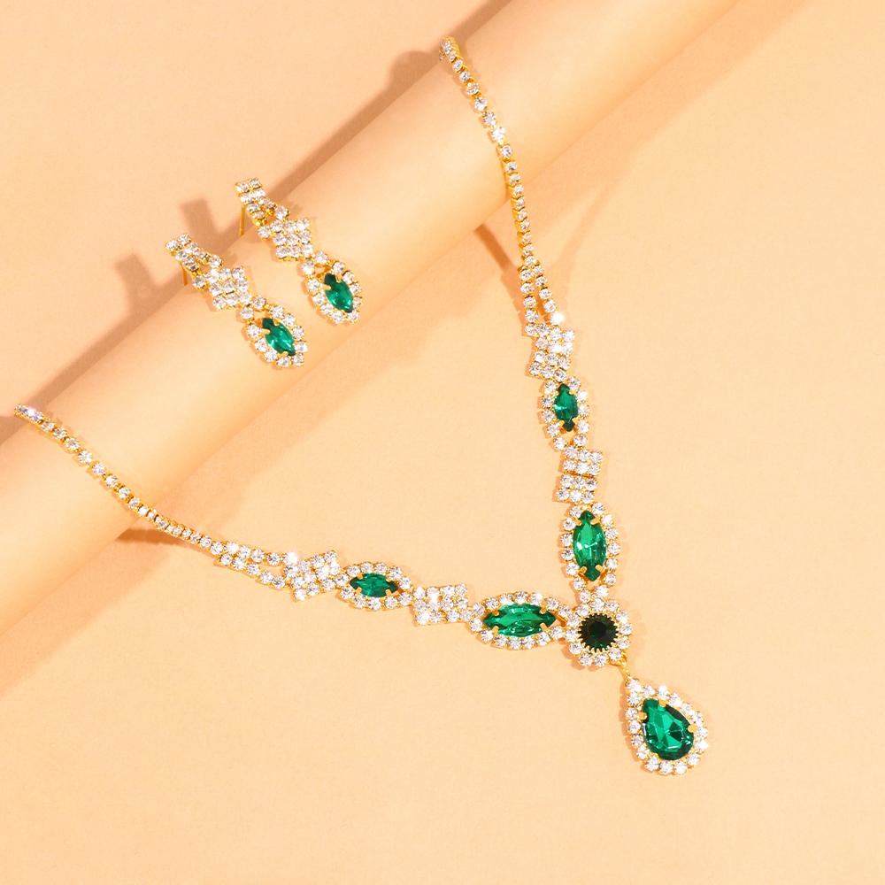 Elegant Emerald Green Crystal Jewelry Set Wedding Accessories 2023 Bridal Water Drop Necklace Earrings Set Ladies Gift