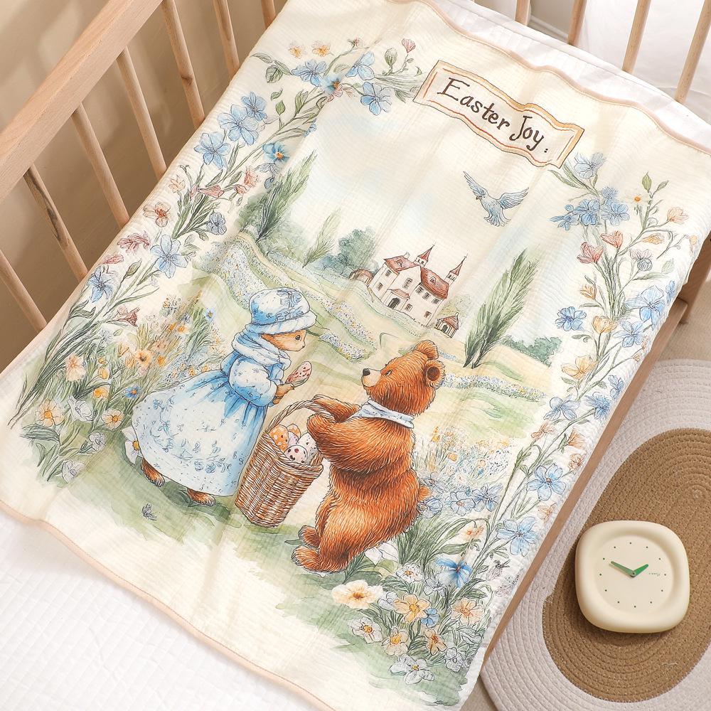Newborn Cartoon Print Gauze Swaddle Blanket - Two-Layer Infant Wrap, Absorbent Bath Towel