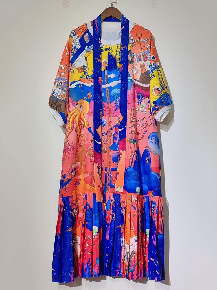 2025 Women's Retro Geometric Print Short Sleeve T-Shirt Dress with Loose Puffy Skirt