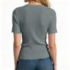Women's V Neck Short Sleeve Ribbed Knit Top Casual Summer Shirt with Adjustable Drawstring Front Detail and Button Accents