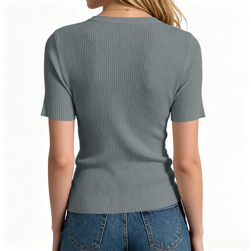 Women's V Neck Short Sleeve Ribbed Knit Top Casual Summer Shirt with Adjustable Drawstring Front Detail and Button Accents