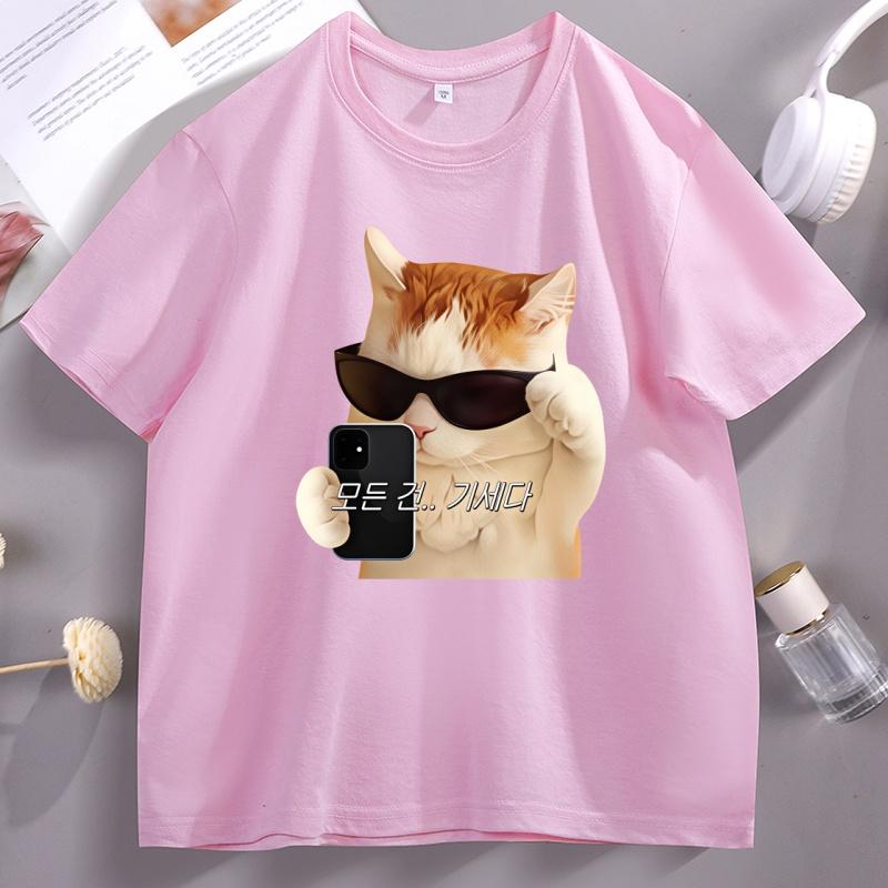 Funnny Cat Selfie T Shirt Korean Letter Print Short Sleeve O Neck Tshirt Casual Round Neck Cotton Tshirt Streetwear Unisex