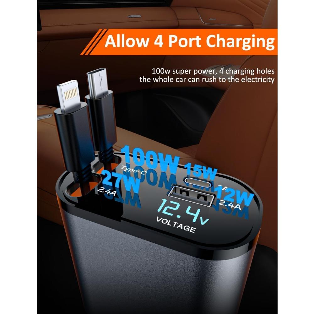 Zatahovací nabíječka do auta 4 v 1, 100W rychlé nabíjení, duální kabely, displej napětí, pro iPhone 15/14/Samsung