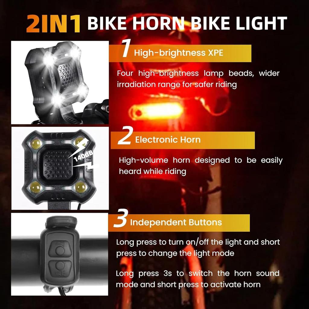 140dB Bike Horn with Front and Rear Light, 2in1 Bicycle Bell Control Switch LED Light, Rechargeable Waterproof, 8+5 Modes Headlight and Tail Light