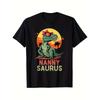 Adult T-Shirt Featuring a Fun Tyrannosaurus Rex Design - NANNY SAURUS with a Dinosaur And Palm Tree Print, Black Retro Crew Neck, Short Sleeves,