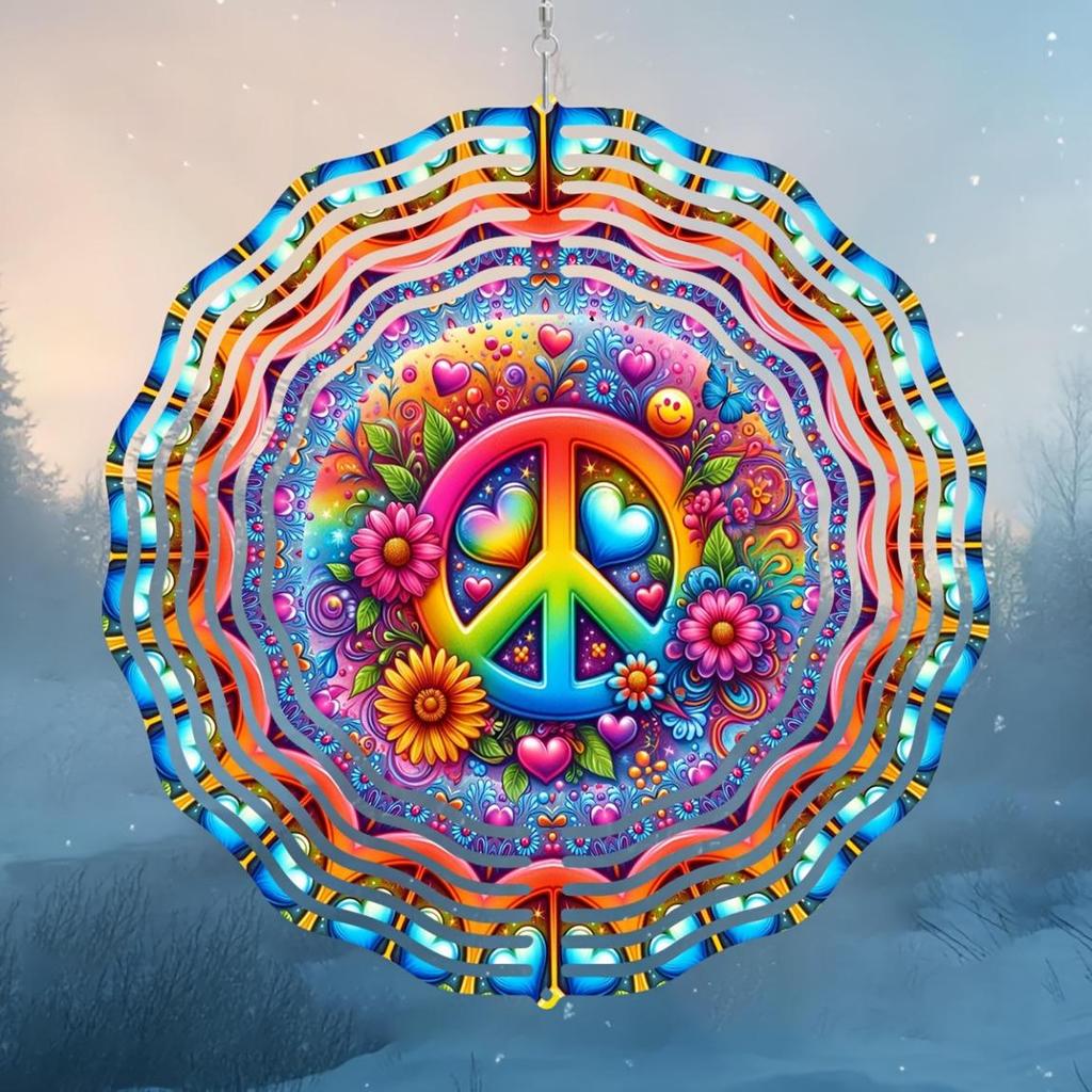 Peace Sign Wind Spinner 25.4cm 2D Hanging Kinetic Decor with 360 Rotating Hook Laser Cut Metal Art for Outdoor Indoor Garden Yard Gift