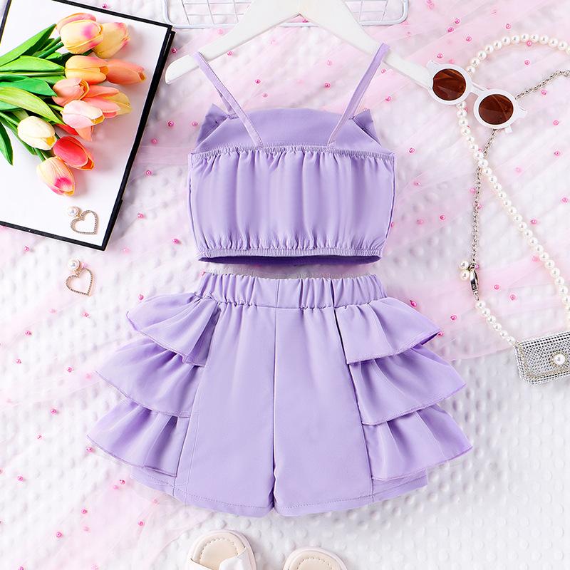 Dziecięcy strój casualowy letni dziewczęcy modny halter perłowa kokarda + spódnica tortowa szorty garnitur
