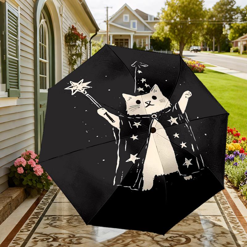 Magic Cat Wizard Umbrella, holding a magic wand. Perfect for outdoor adventures, this automatic opening/closing umbrella