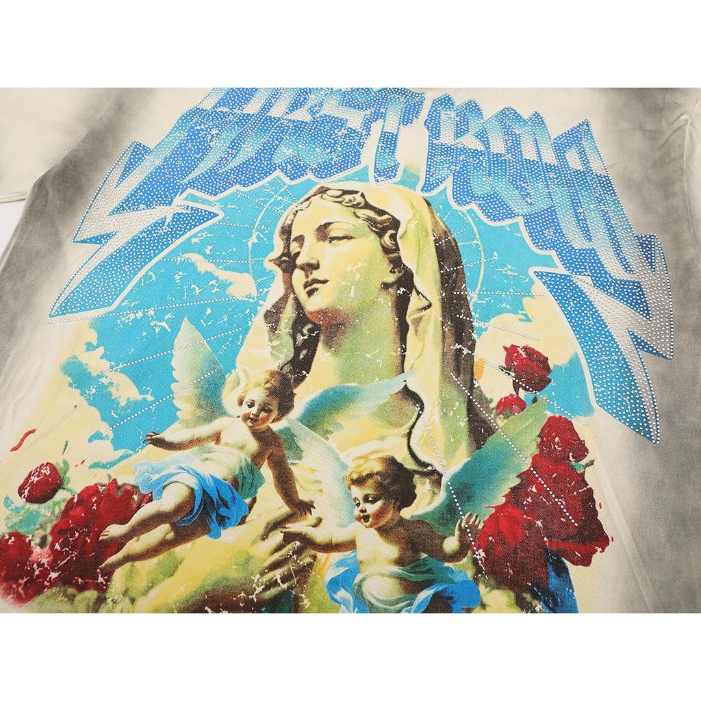 T-shirt Unisex Vintage Lavata, Stampa Madonna & Angeli con Lettere di Strass, Maglietta Oversize Streetwear