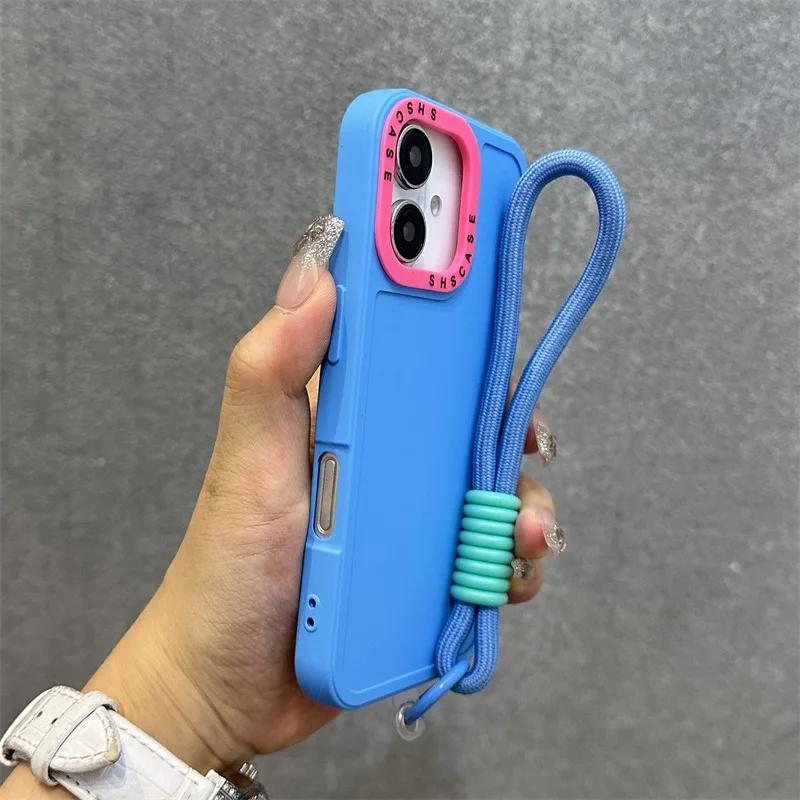 Fashion Lens Collision Color Wrist Strap Cases for iPhone 17 16 15 14 13 12 11 Pro Max Plus 17 Air Matte Silicone Lanyard Cover
