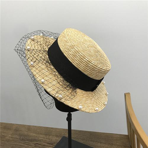 Japan Designer Natural Straw Mesh Pearl Brim Lady Fedoras Hat Women Leisure Panama Jazz Cap
