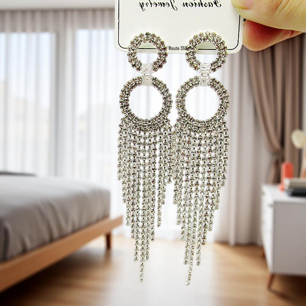 Exaggerated Trendy Long Tassel Rhinestone Circle Dangle Earrings with Micro-Pavé, Cross-Border Fashion High-End Design.