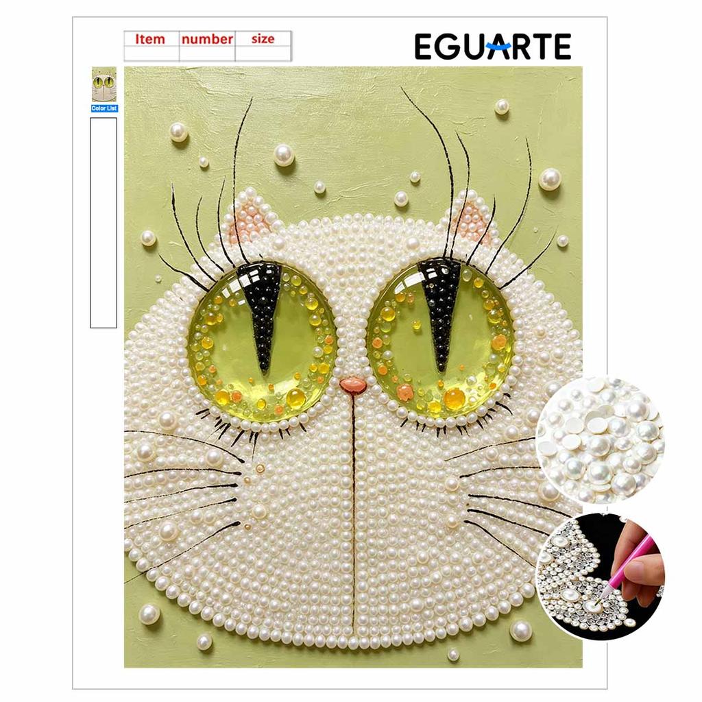 Creative DIY Framed Pearl Art Kit with Cute White Cat Pattern Sparkling Bead Canvas Ready to Display Relaxing Gift for Adults Craft Decor