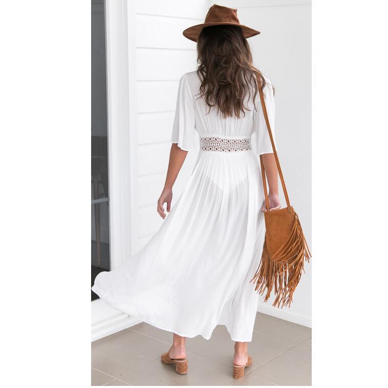 Bikini Cover up Solid Hollow out Beach Dress Summer Chiffon Swimwear Long Sleeve Bathing Suit Cover