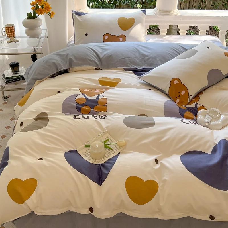 

Kawaii Bear Printed Bed Set Floral Duvet Cover Pillowcase Bedding Set Cute Dinosaur Bed Linen Sheet Quilt Full Queen King Size Cover-180x220cm-4pcs