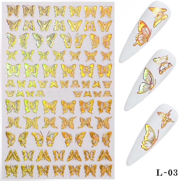 3pcs Holographic 3D Butterfly Nail Art Stickers Adhesive Sliders Colorful DIY Golden Nail Transfer Decals Foils Wraps Decorations