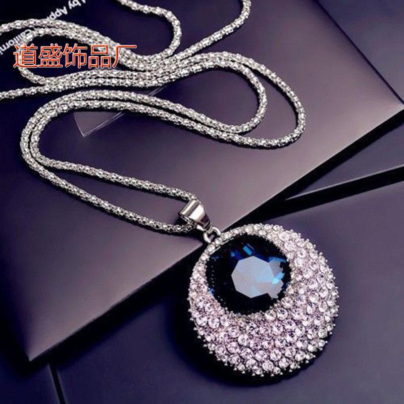 European and American retro versatile sapphire crystal long sweater chain fashion accessories sweater pendant