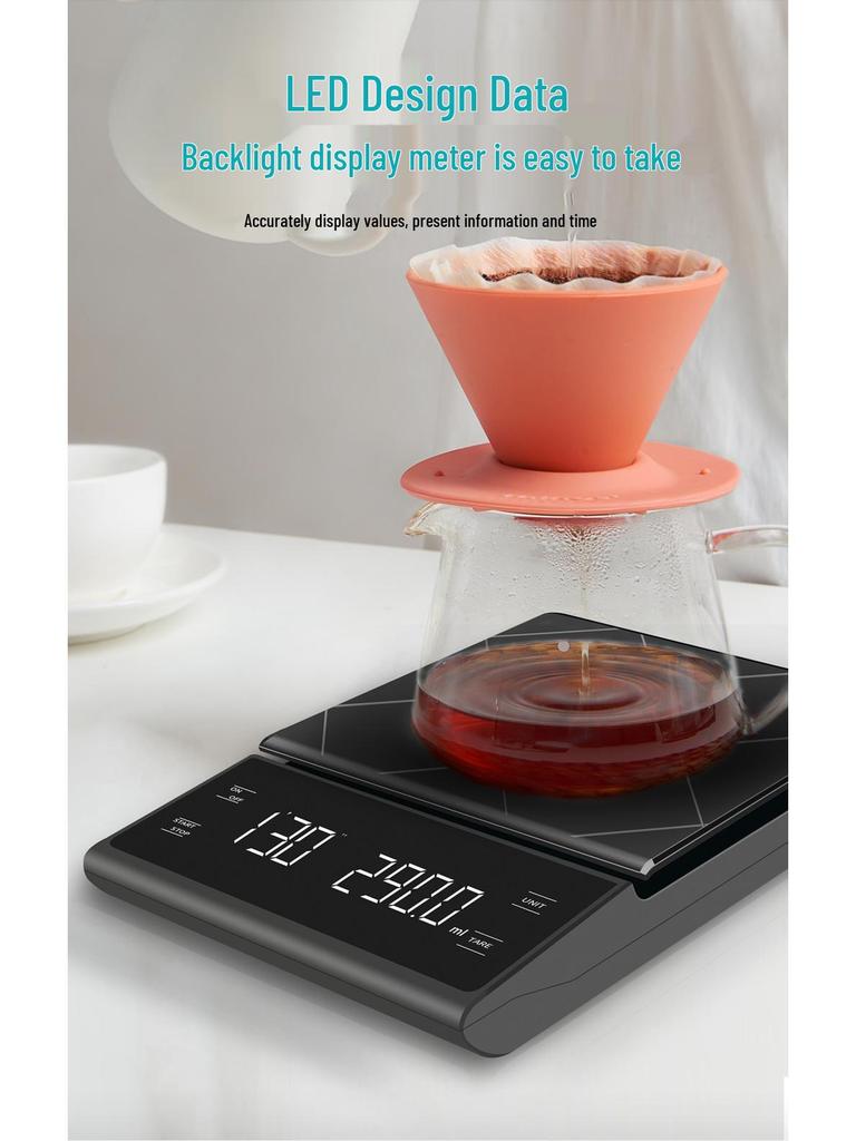 Rechargeable Hand Drip Coffee Scale with LED Touch Screen, 3KG Capacity, and Timer for Home and Commercial Use.