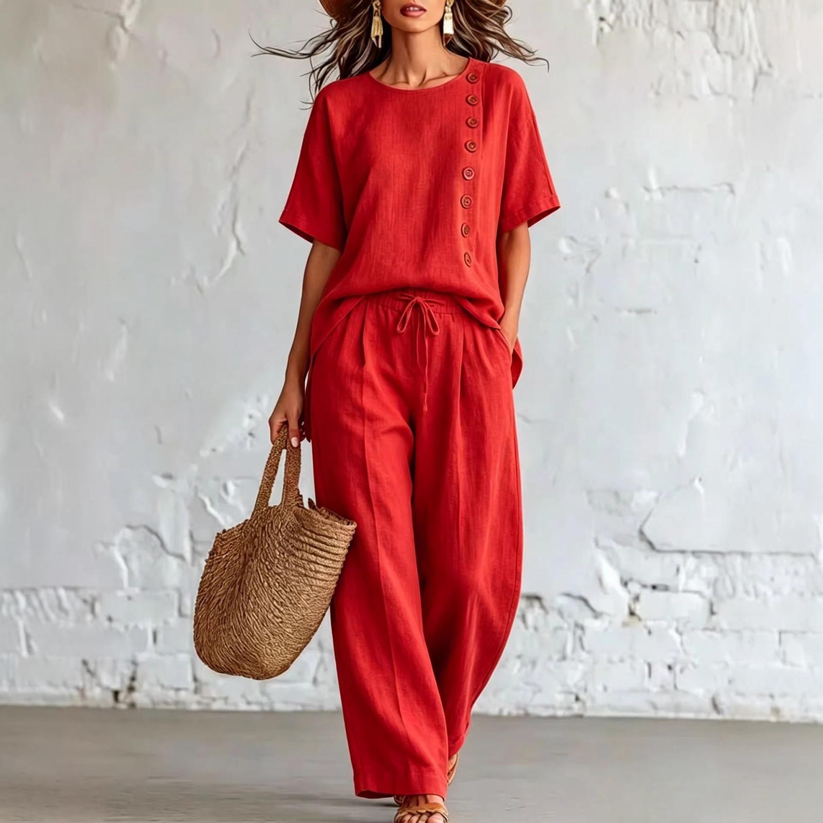 

Women s Fashion Round Neck Short Sleeved Top With Elastic Waist, Casual Loose Wide Leg Pants Two-piece Set XL