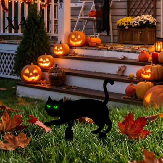 Spooky Outdoor Silhouette Halloween Garden Stake, Black Cat Yard Sign with Glow-in-the-dark Party Decor Eyes, Waterproof Ghost for Lawn Pathway