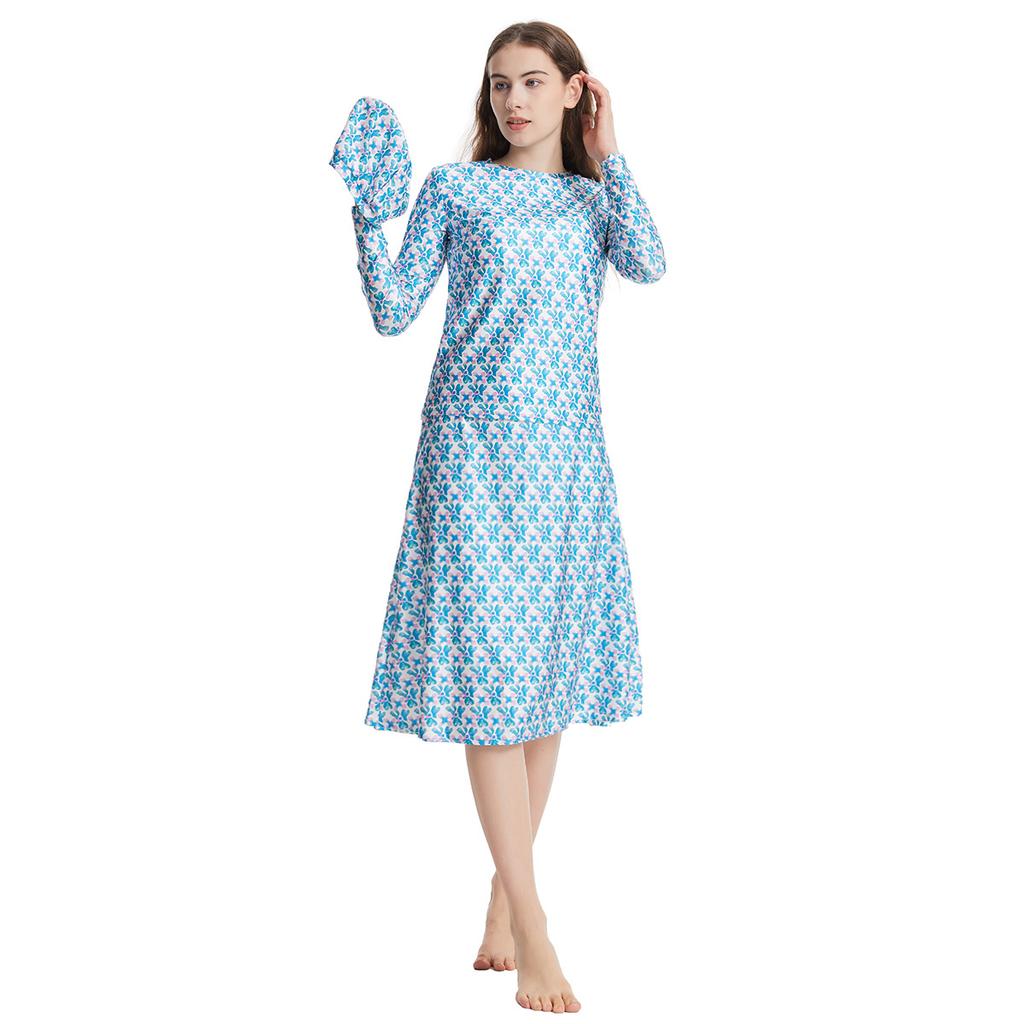 Kadın Müslüman Mayo Şapka Baskılı Mayo Plaj Giyim Kadın Mayo 3 Parça Takım Uzun Kollu Su Geçirmez Mayo