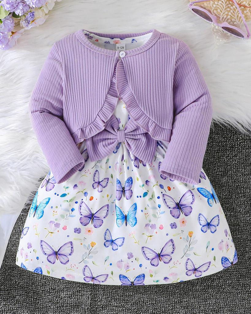 2PCS Baby Girl Butterfly Print Dress with Ruffle Cardigan, Sleeveless Dress & Knit Jacket Set